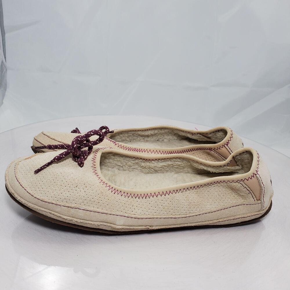 L.L.Bean Hearthslide Faux Fur Lined Ballet Slippers Women 10 Beige Suede 501859